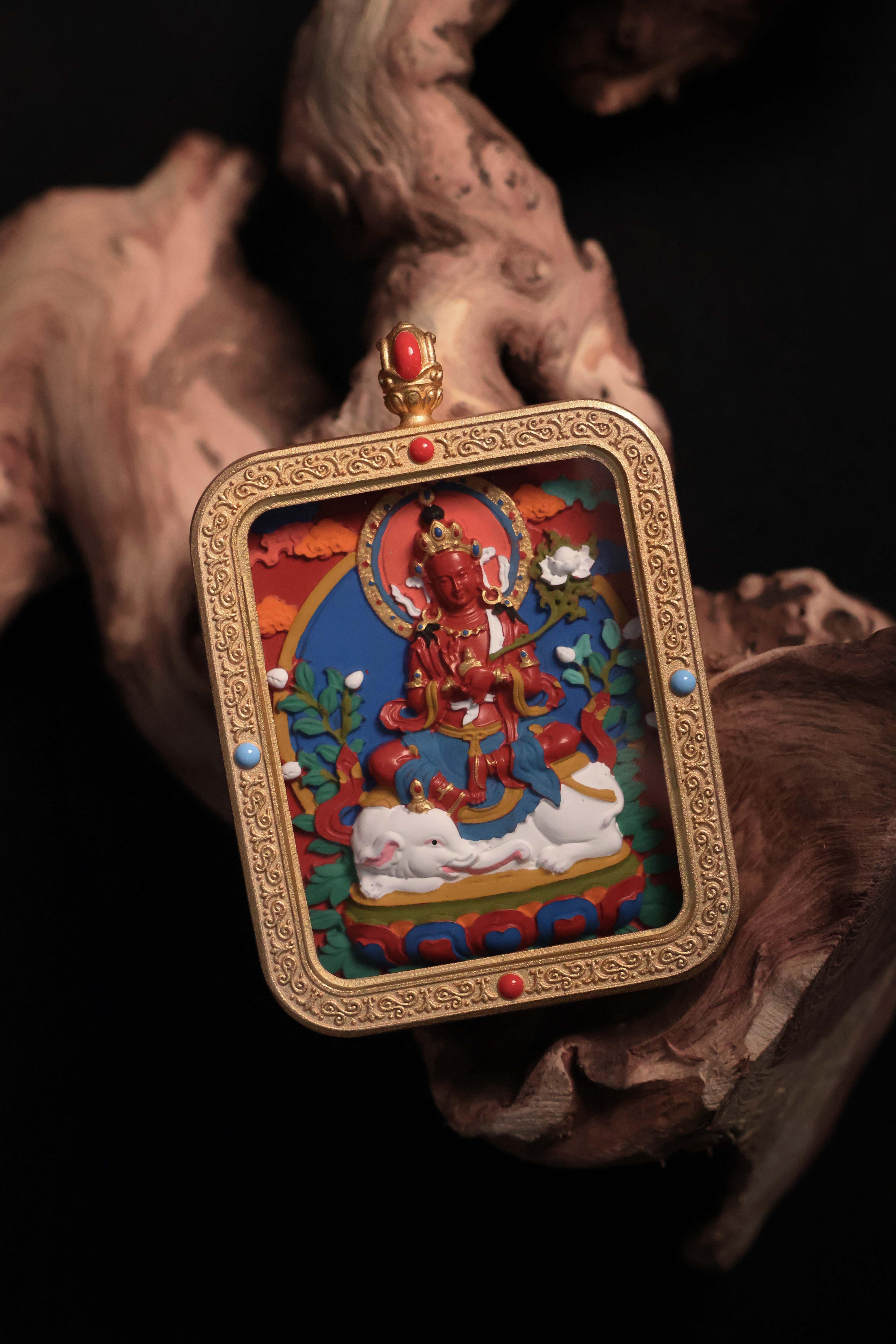 Tibetan Handmade Cinnabar Thangka Pendant of Samantabhadra Bodhisattva with Gold Edge