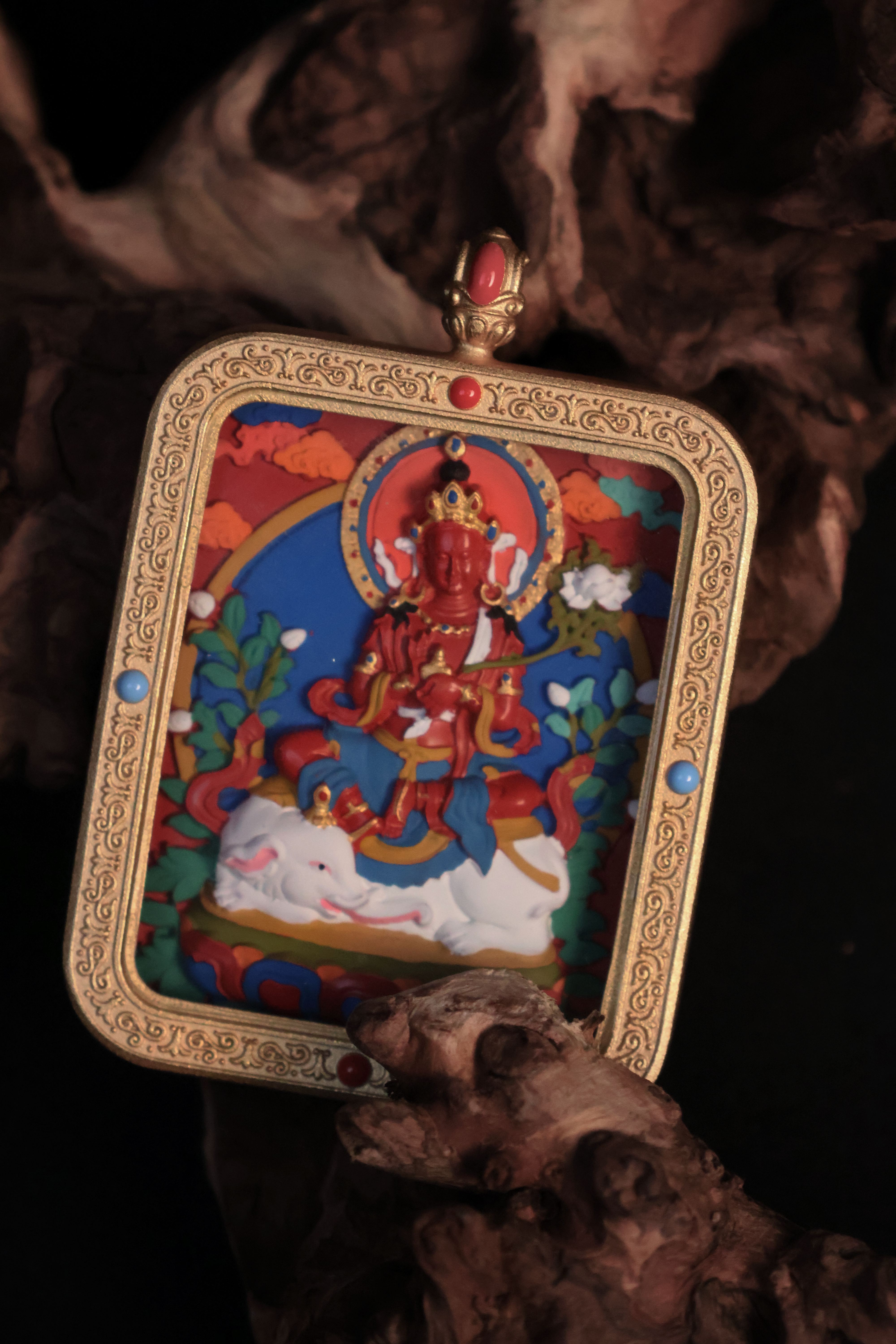Tibetan Handmade Cinnabar Thangka Pendant of Samantabhadra Bodhisattva with Gold Edge