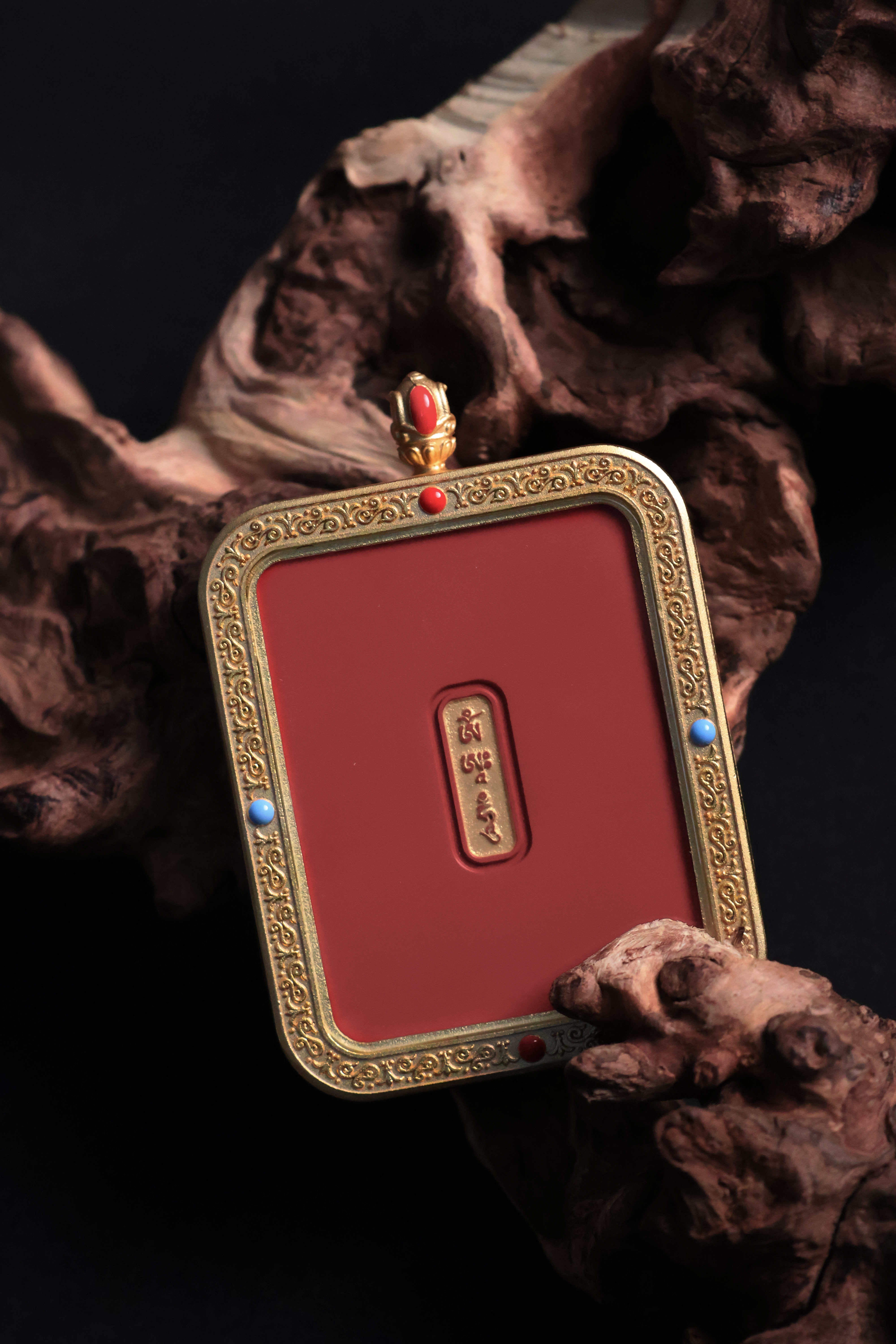 Tibetan Handmade Cinnabar Thangka Pendant of Samantabhadra Bodhisattva with Gold Edge