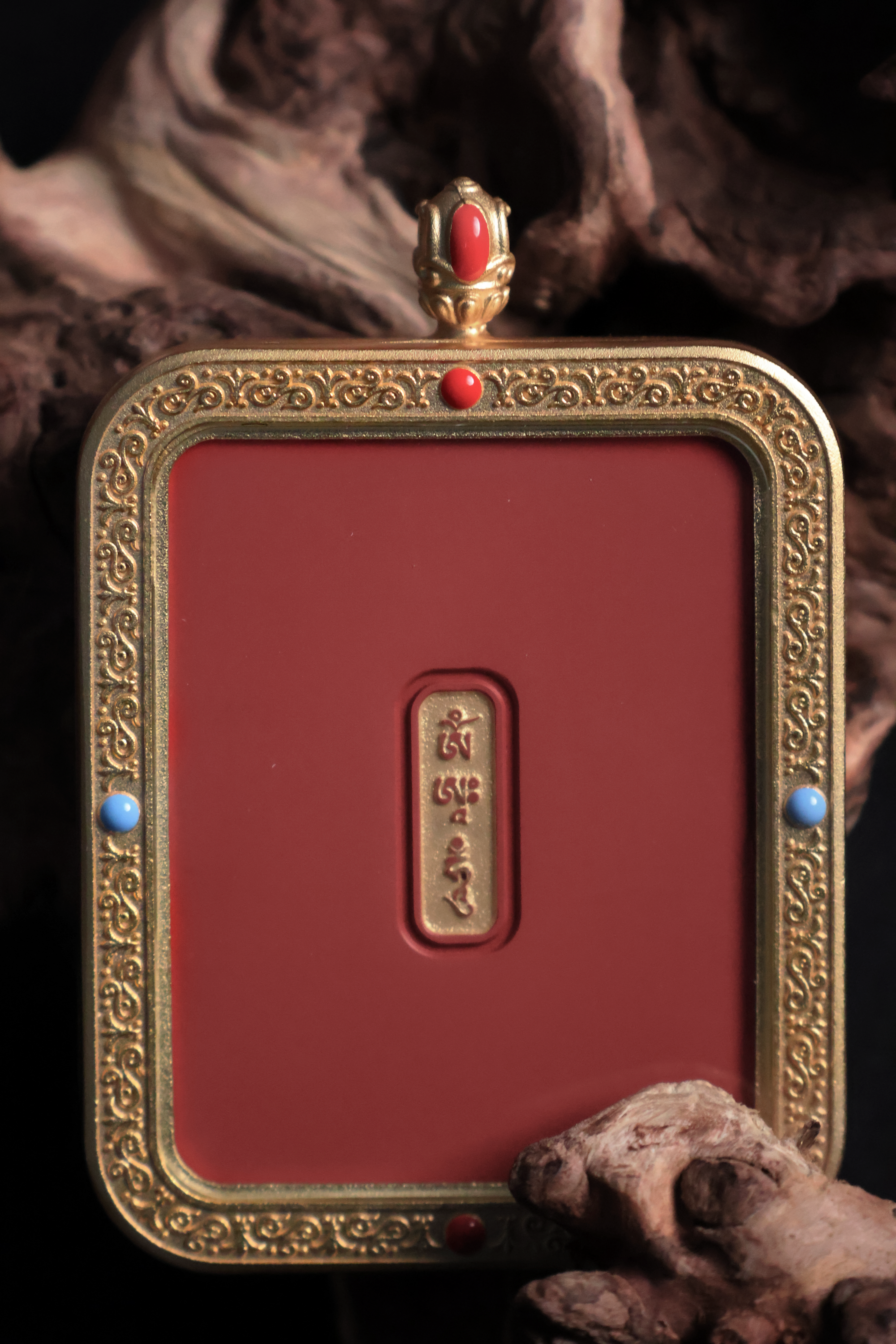 Tibetan Handmade Cinnabar Thangka Pendant of Samantabhadra Bodhisattva with Gold Edge