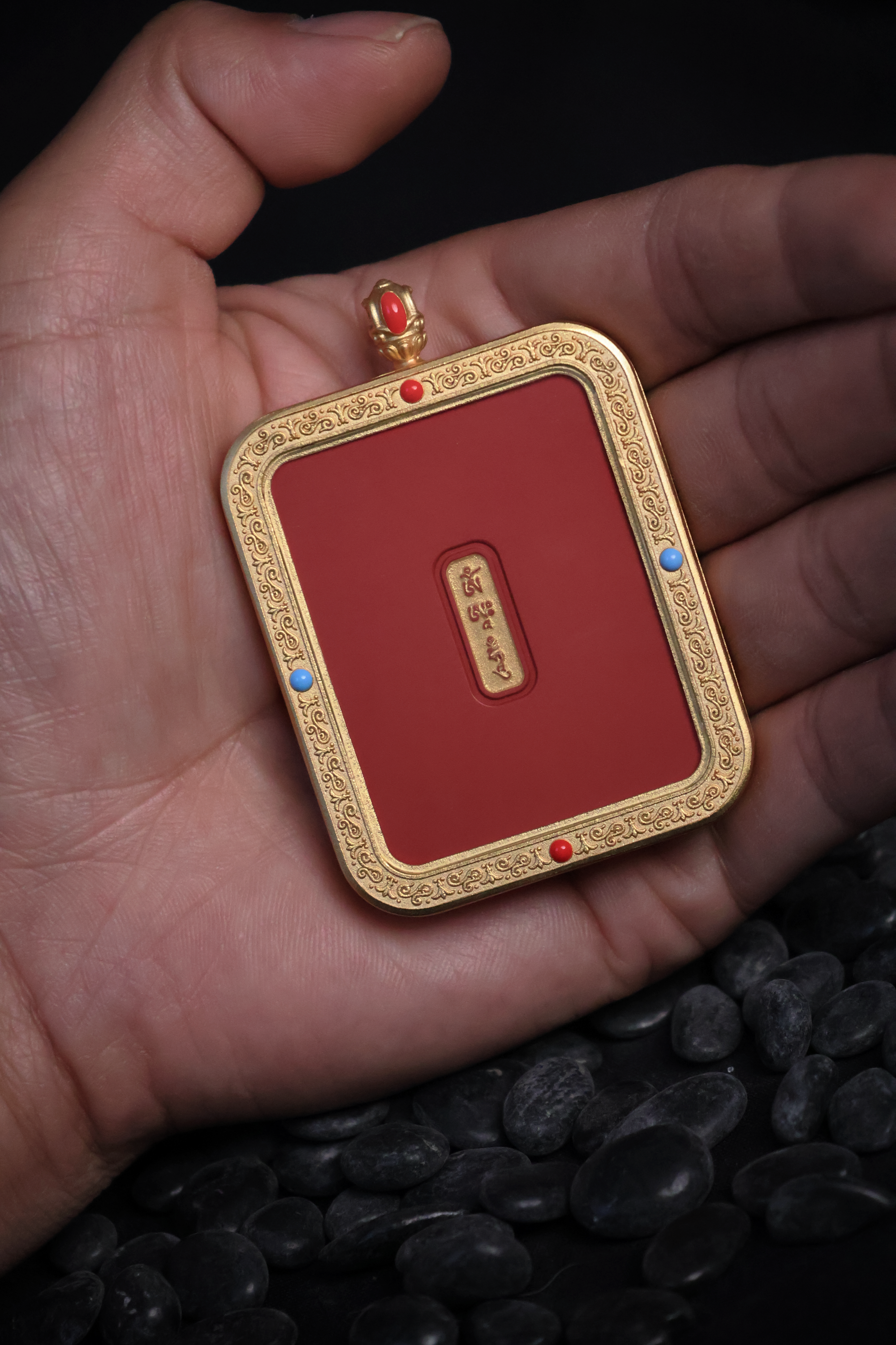 Tibetan Handmade Cinnabar Thangka Pendant of Samantabhadra Bodhisattva with Gold Edge