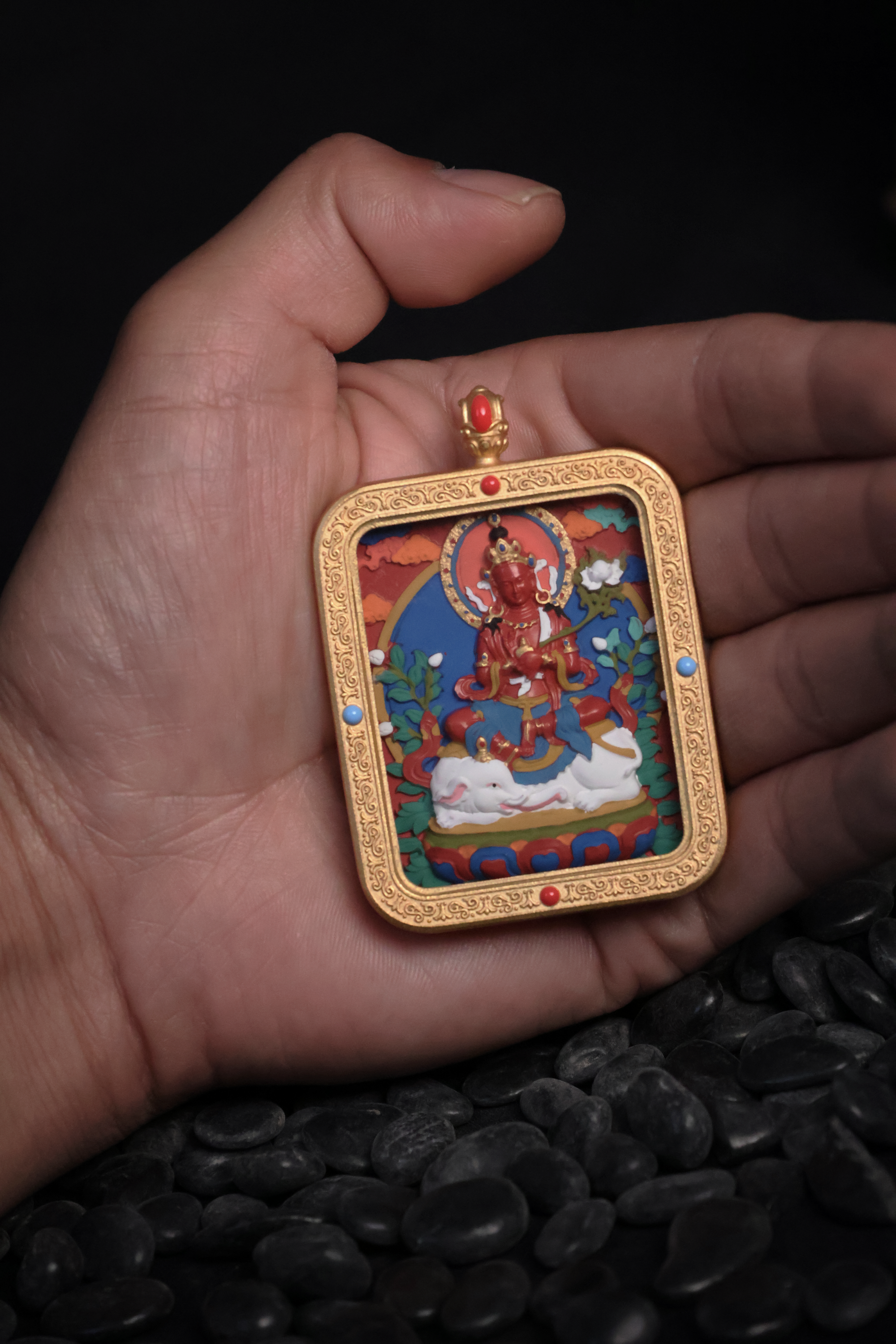 Tibetan Handmade Cinnabar Thangka Pendant of Samantabhadra Bodhisattva with Gold Edge