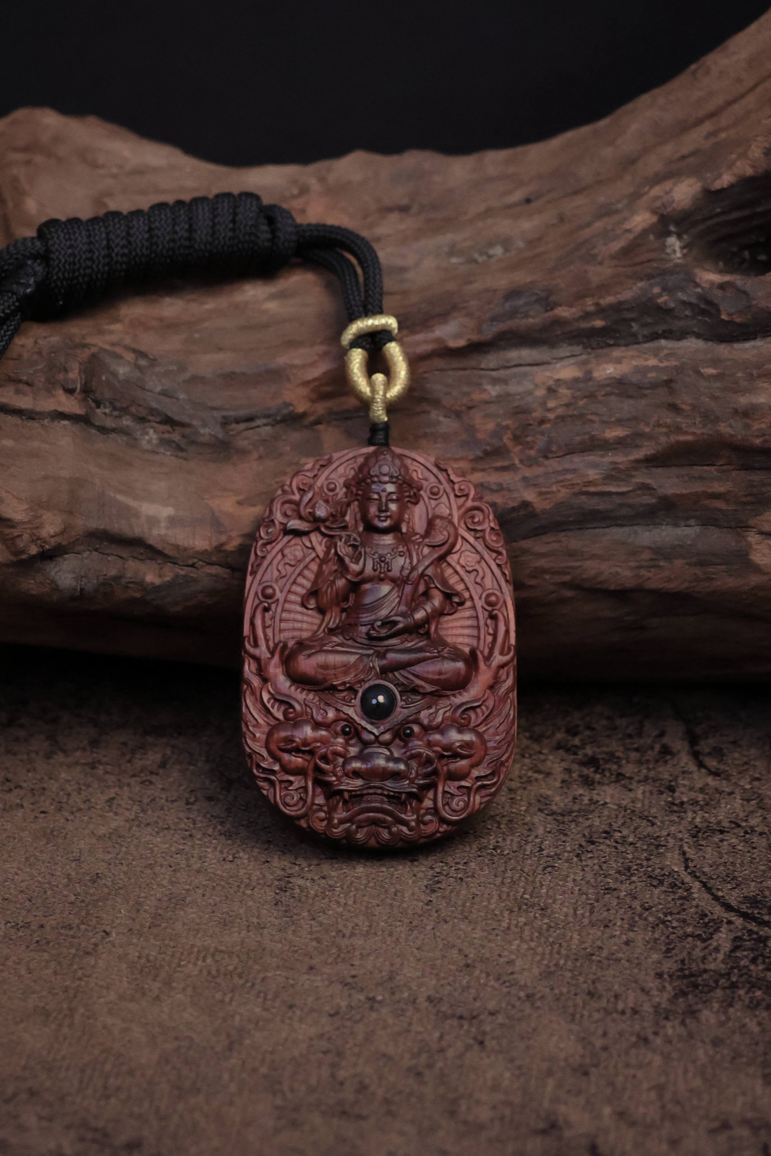 Tibetan Rosewood Samantabhadra of Healing and Serenity Amulet (Dragon Design)