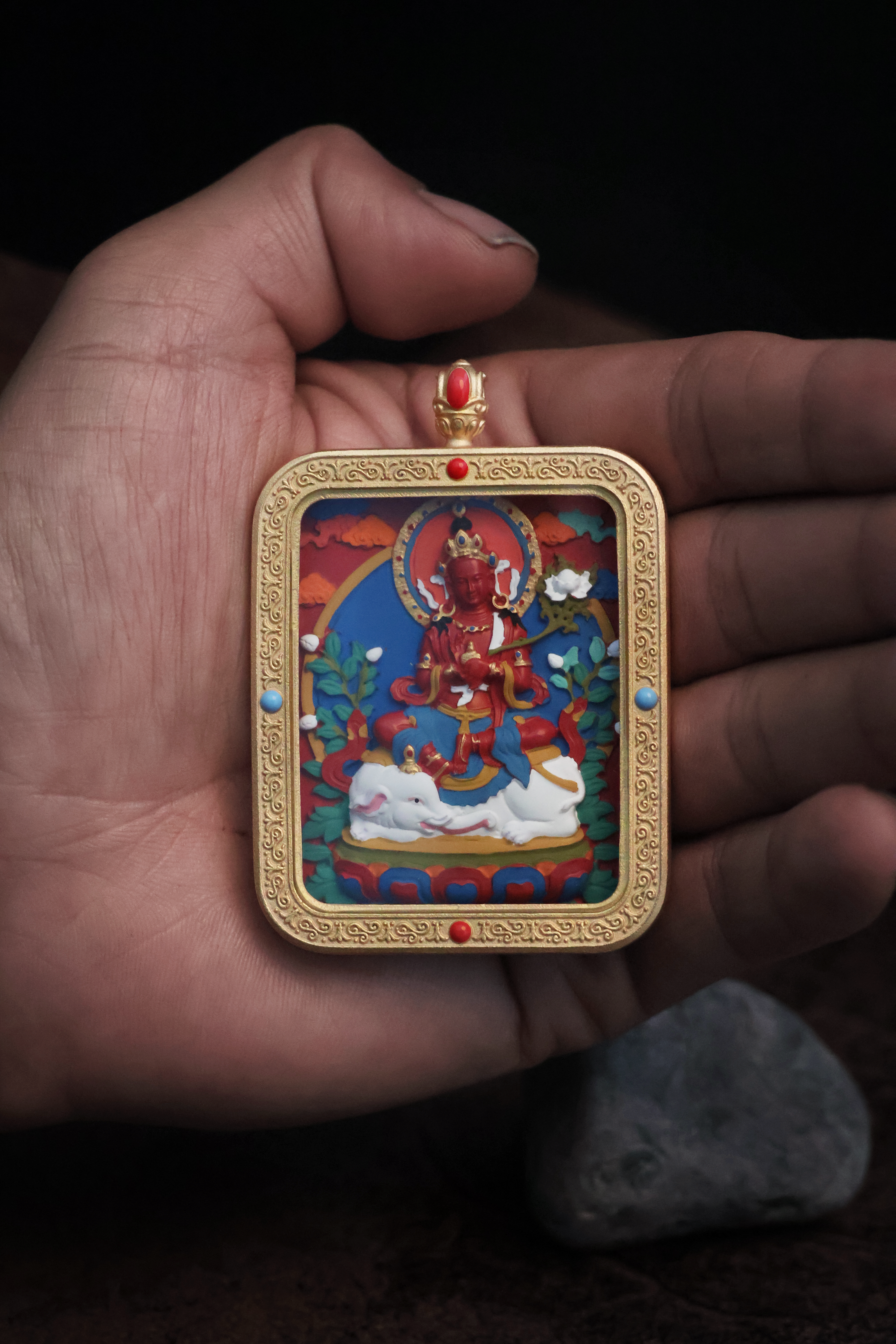 Tibetan Handmade Cinnabar Thangka Pendant of Samantabhadra Bodhisattva with Gold Edge