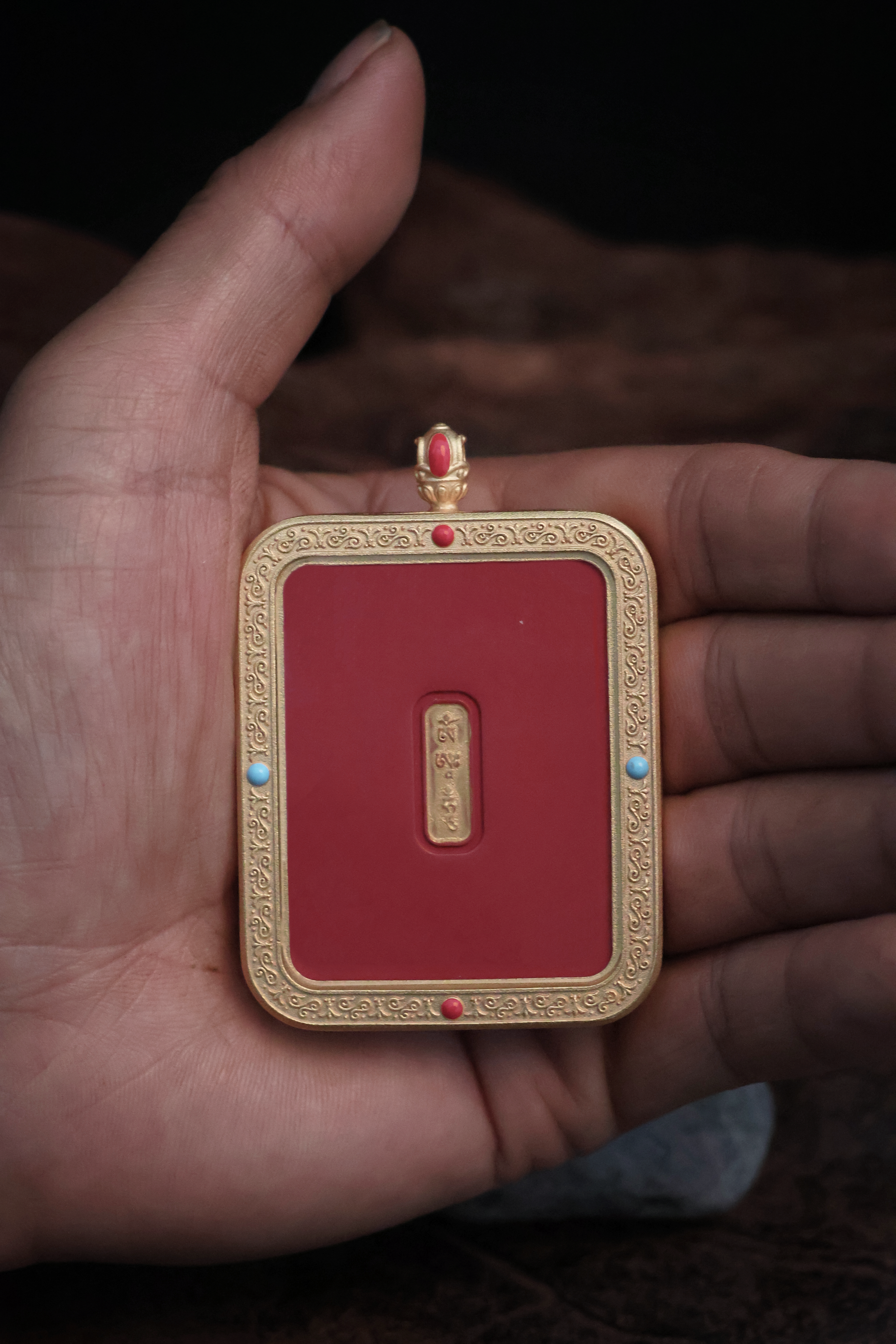 Tibetan Handmade Cinnabar Thangka Pendant of Samantabhadra Bodhisattva with Gold Edge