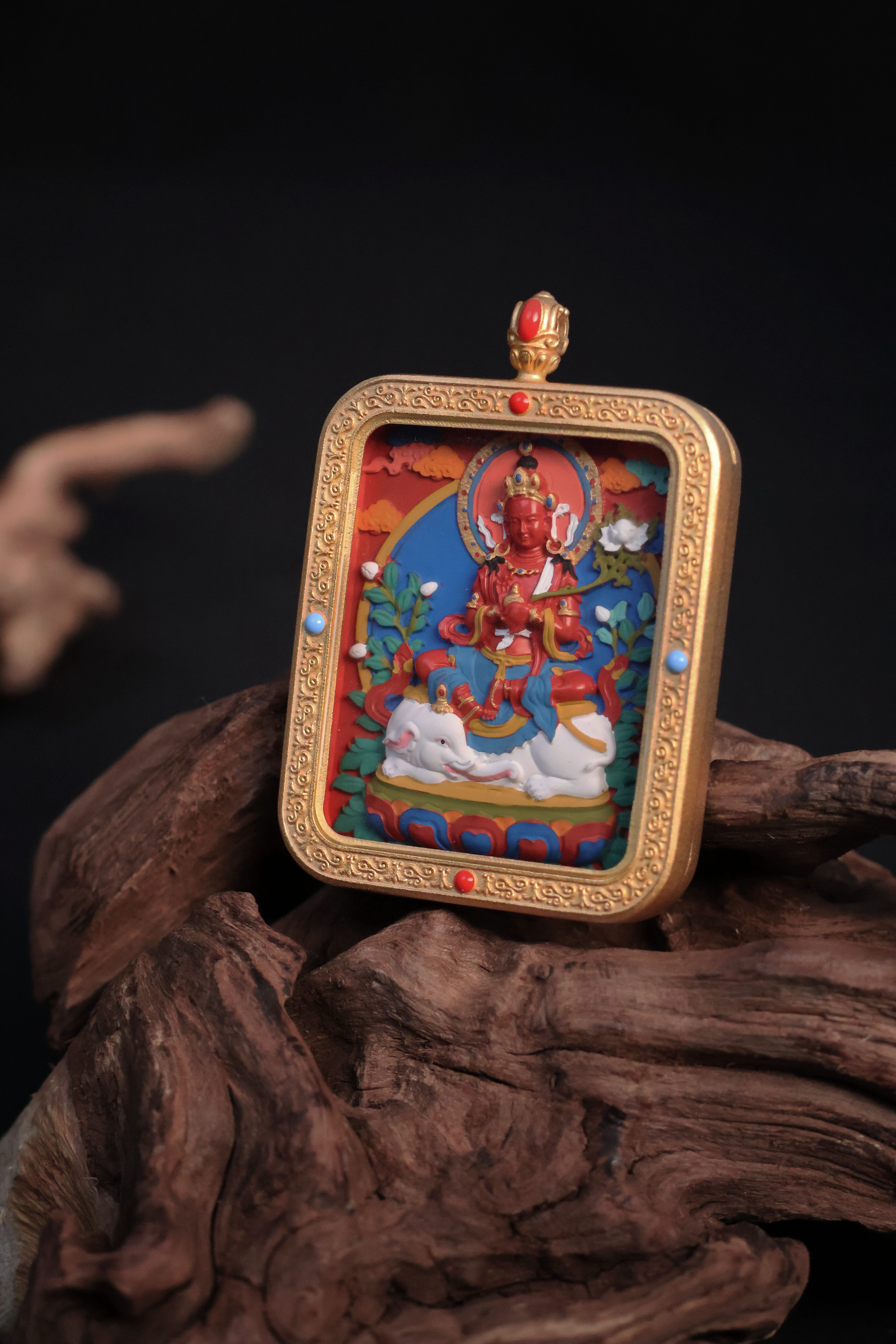 Tibetan Handmade Cinnabar Thangka Pendant of Samantabhadra Bodhisattva with Gold Edge